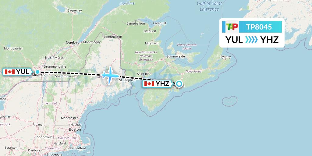TP8045 TAP Portugal Flight Map: Montreal to Halifax