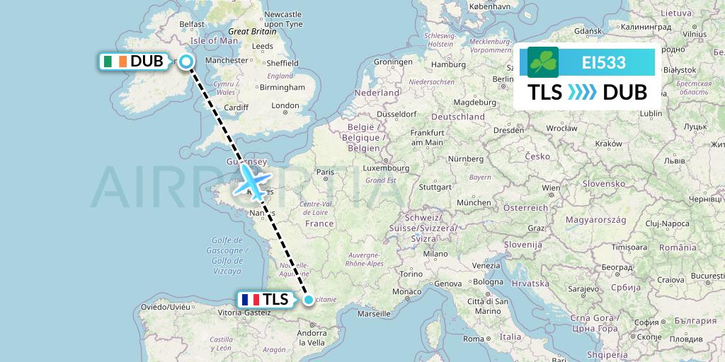 EI533 Aer Lingus Flight Map: Toulouse to Dublin