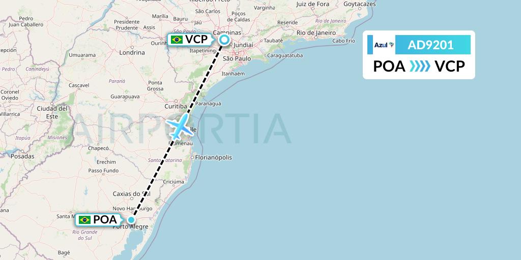 AD9201 Azul Brazilian Airlines Flight Map: Porto Alegre to Campinas