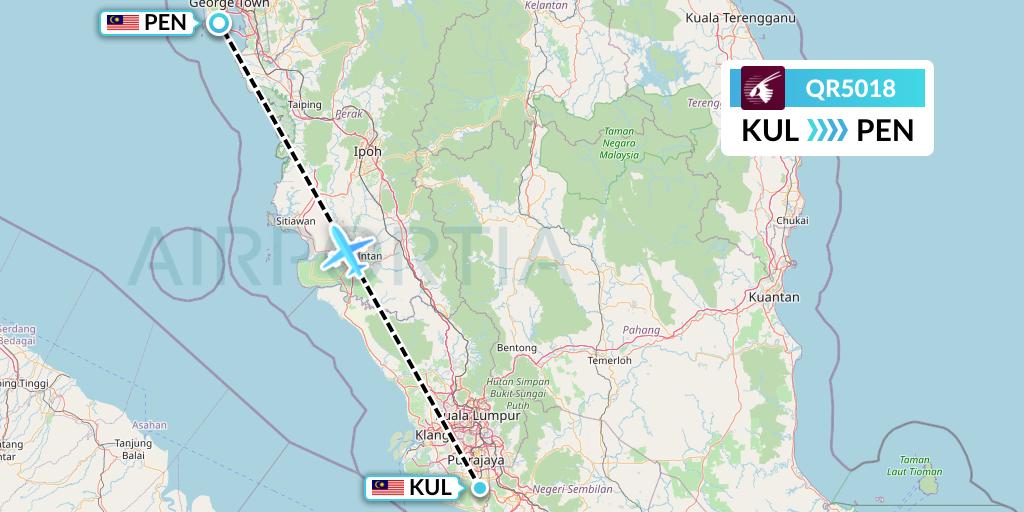 QR5018 Qatar Airways Flight Map: Kuala Lumpur to Penang