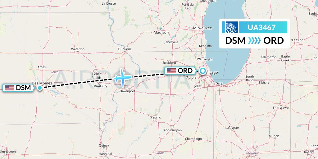 UA3467 United Airlines Flight Map: Des Moines to Chicago