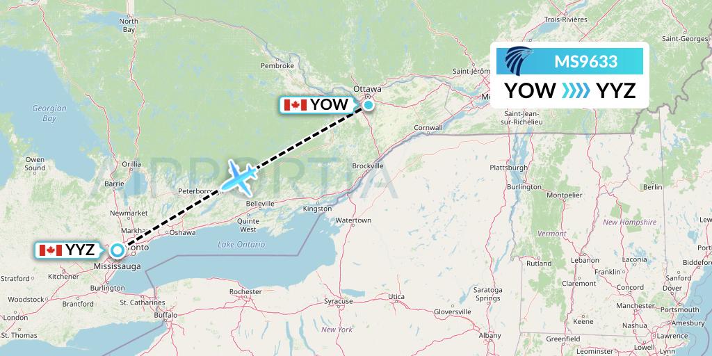 MS9633 EgyptAir Flight Map: Ottawa to Toronto