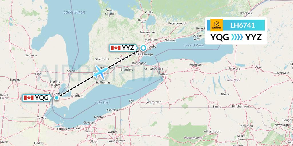 LH6741 Lufthansa Flight Map: Windsor to Toronto