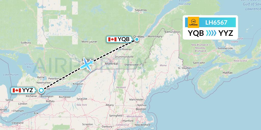 LH6567 Lufthansa Flight Map: Quebec to Toronto