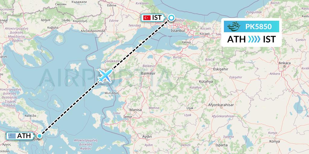 PK5850 Pakistan International Airlines Flight Map: Athens to Istanbul