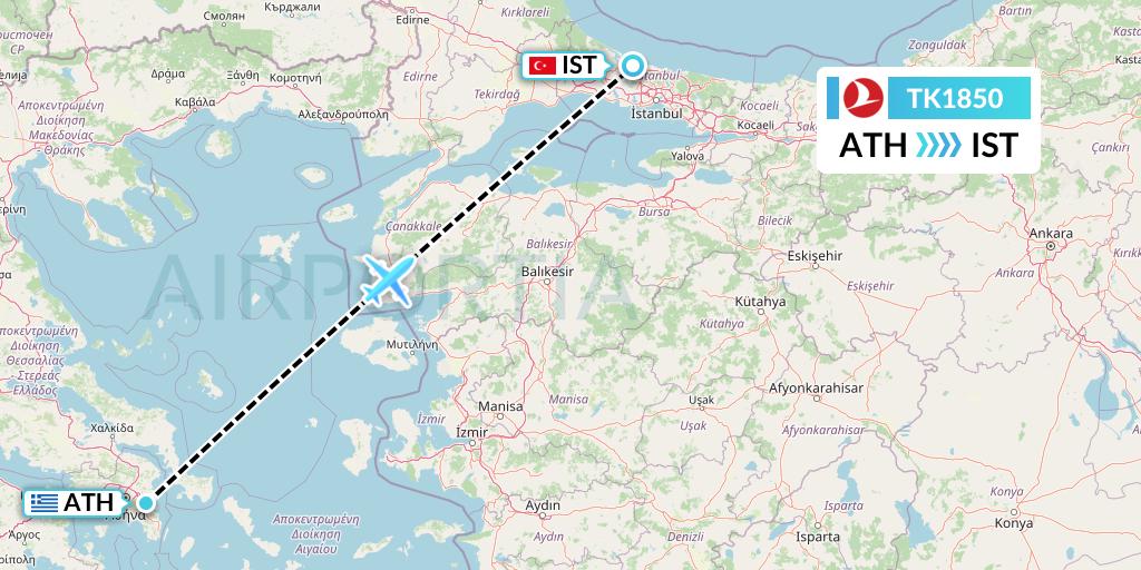 TK1850 Turkish Airlines Flight Map: Athens to Istanbul