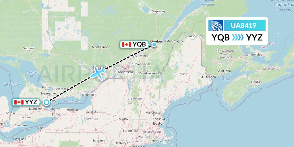 UA8419 United Airlines Flight Map: Quebec to Toronto