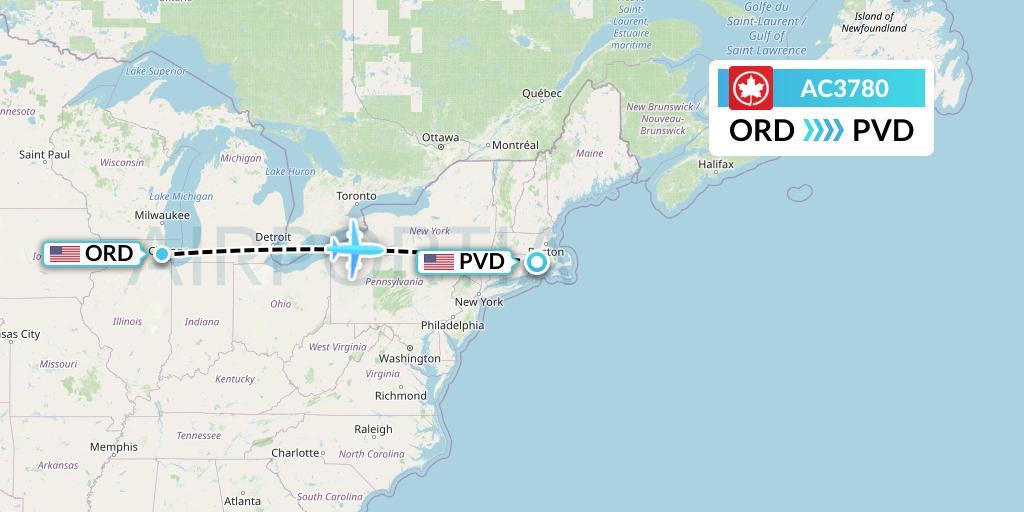 AC3780 Air Canada Flight Map: Chicago to Providence