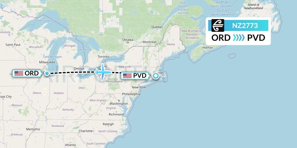 NZ2773 Air New Zealand Flight Map: Chicago to Providence