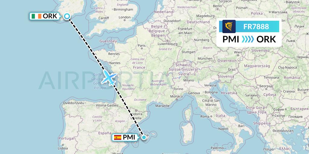 FR7888 Ryanair Flight Map: Palma de Mallorca to Cork