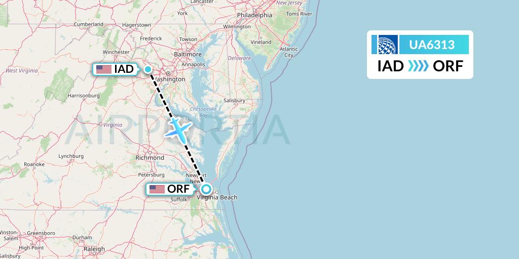 UA6313 United Airlines Flight Map: Washington to Norfolk