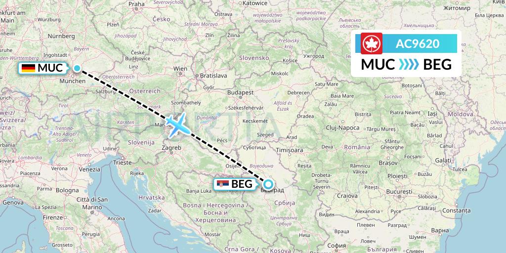 AC9620 Air Canada Flight Map: Munich to Belgrade