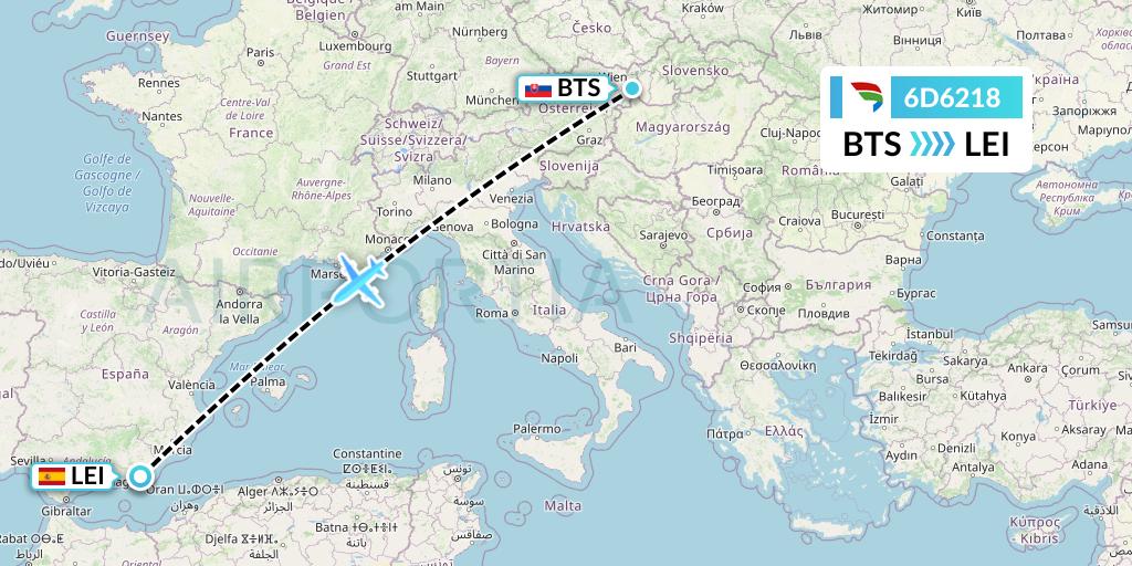 6D6218 Travel Service Slovakia Flight Map: Bratislava to Almeria