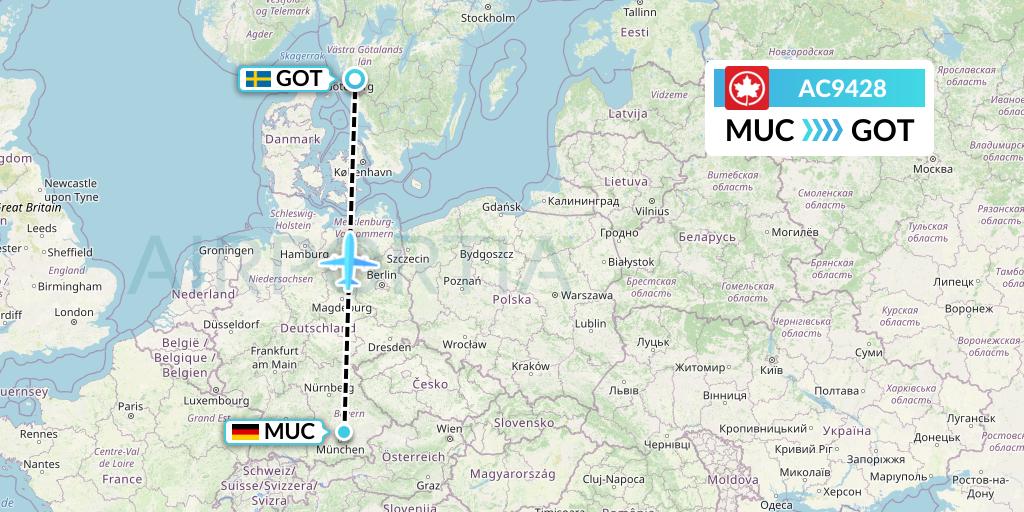 AC9428 Air Canada Flight Map: Munich to Gothenburg