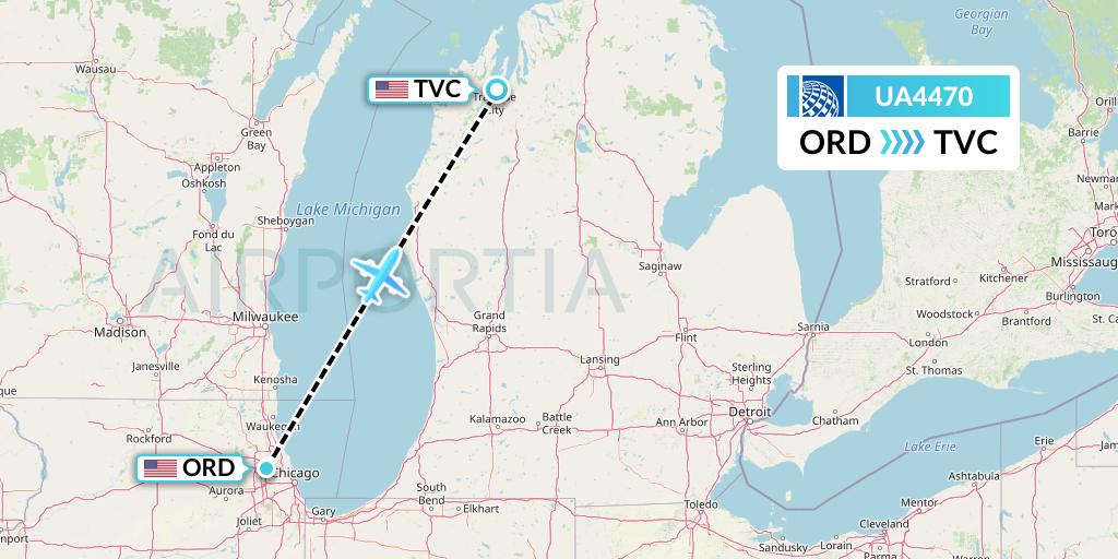 UA4470 United Airlines Flight Map: Chicago to Traverse City