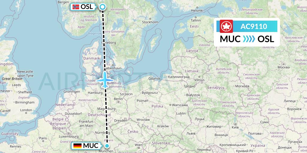 AC9110 Air Canada Flight Map: Munich to Oslo
