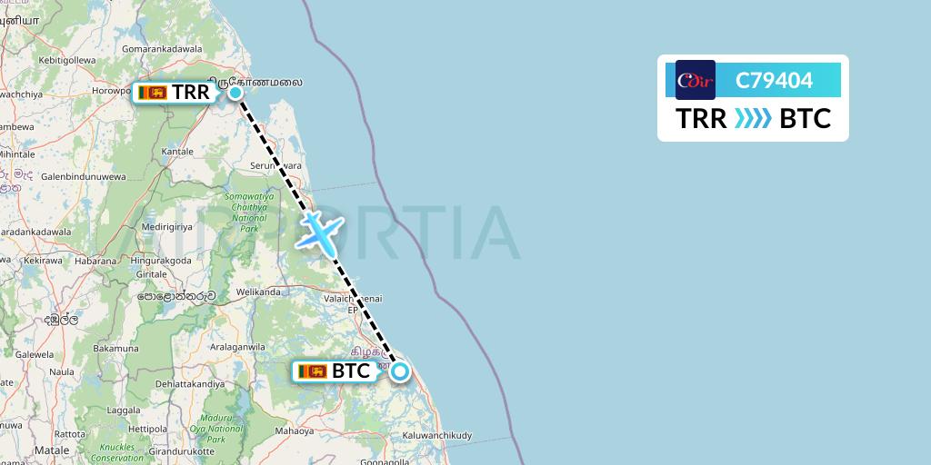 C79404 Cinnamon Air Flight Map: Trincomalee to Batticaloa