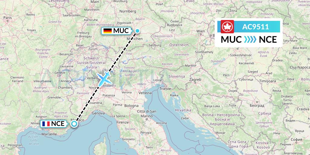 AC9511 Air Canada Flight Map: Munich to Nice
