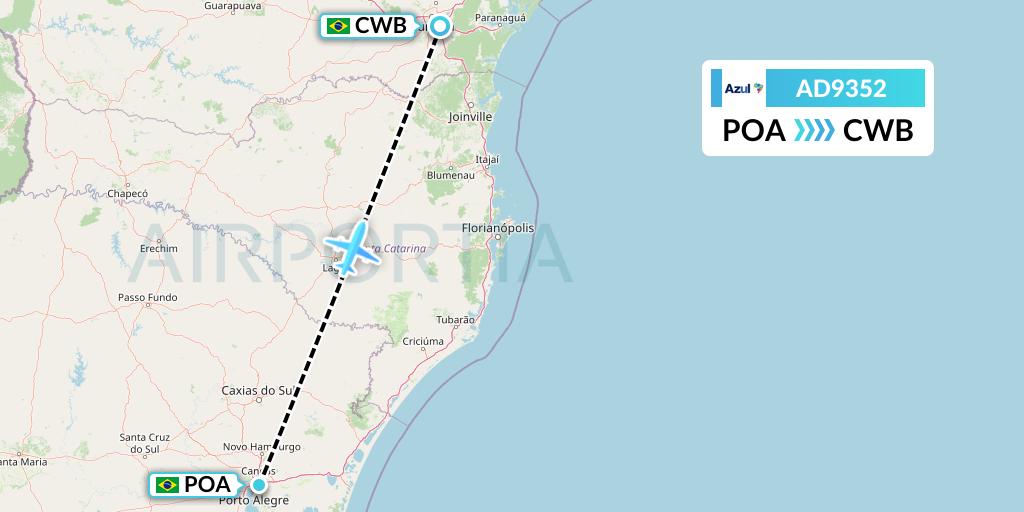 AD9352 Azul Brazilian Airlines Flight Map: Porto Alegre to Curitiba