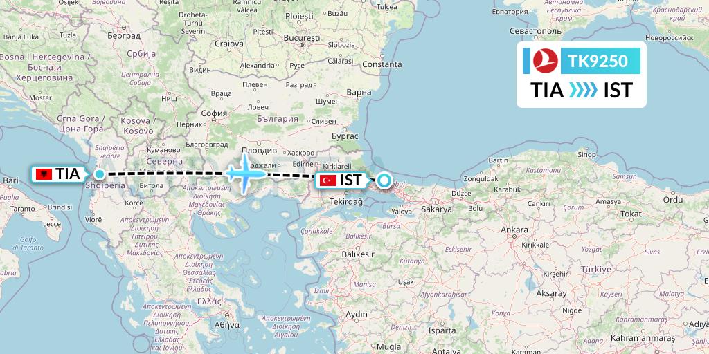 TK9250 Turkish Airlines Flight Map: Tirana to Istanbul