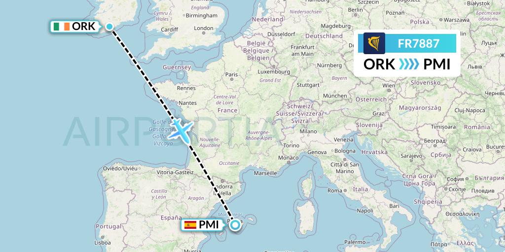 FR7887 Ryanair Flight Map: Cork to Palma de Mallorca