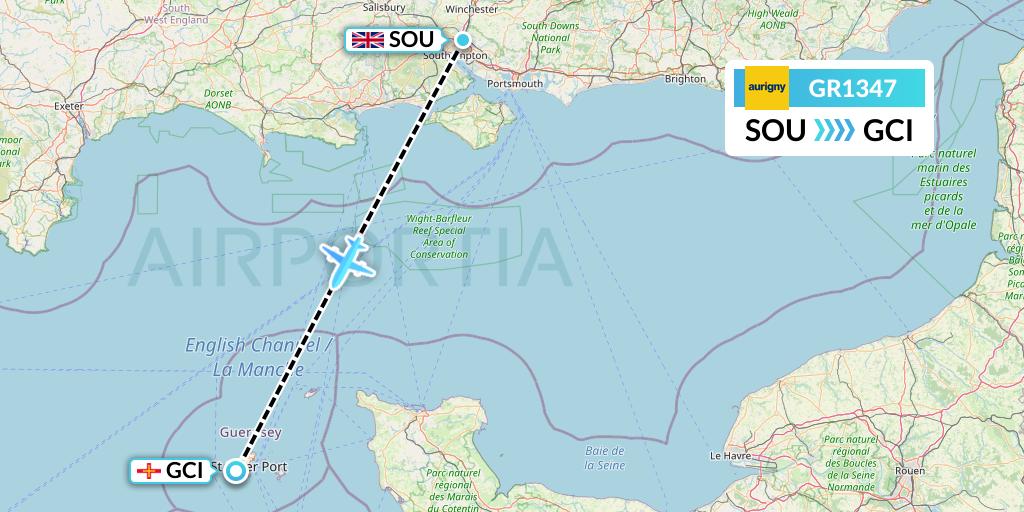 GR1347 Aurigny Air Services Flight Map: Southampton to Guernsey