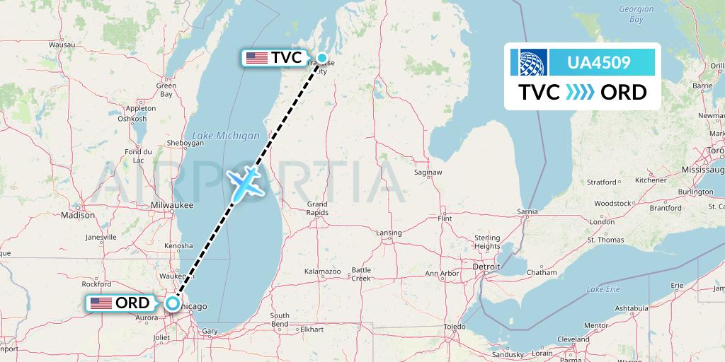 UA4509 United Airlines Flight Map: Traverse City to Chicago