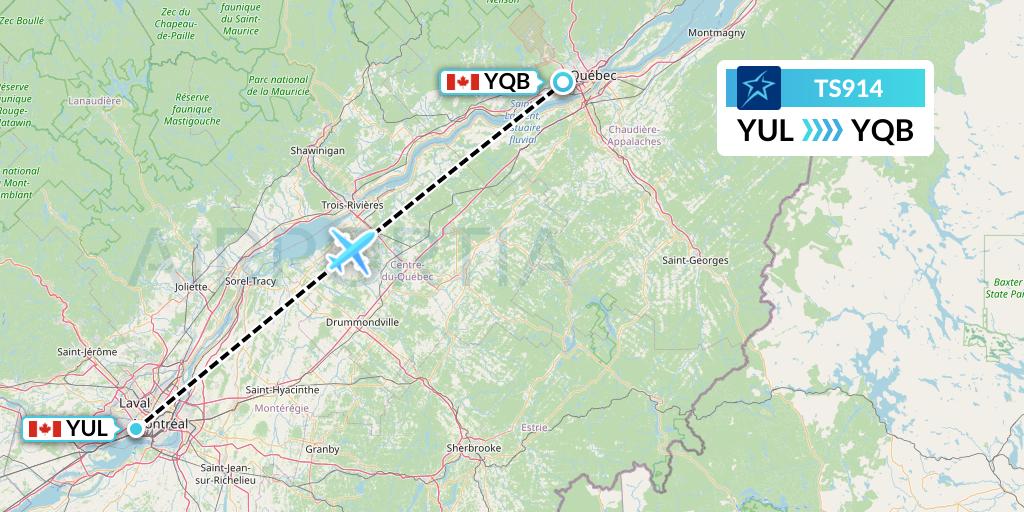 TS914 Air Transat Flight Map: Montreal to Quebec