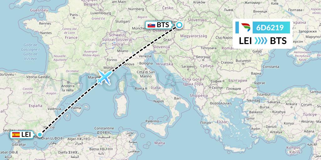 6D6219 Travel Service Slovakia Flight Map: Almeria to Bratislava