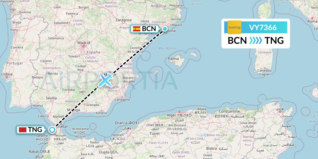 VY7366 Vueling Flight Map: Barcelona to Tangier