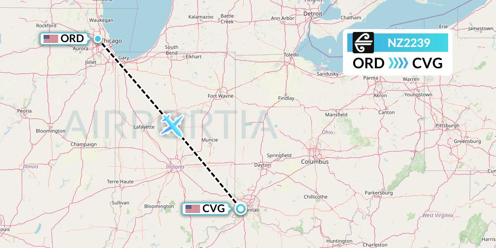 NZ2239 Air New Zealand Flight Map: Chicago to Cincinnati