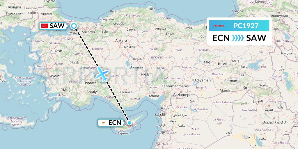 PC1927 Pegasus Airlines Flight Map: Tymvou to Istanbul