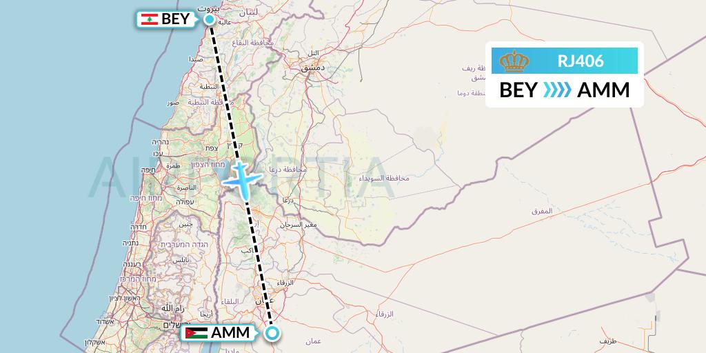 RJ406 Royal Jordanian Flight Map: Beirut to Amman