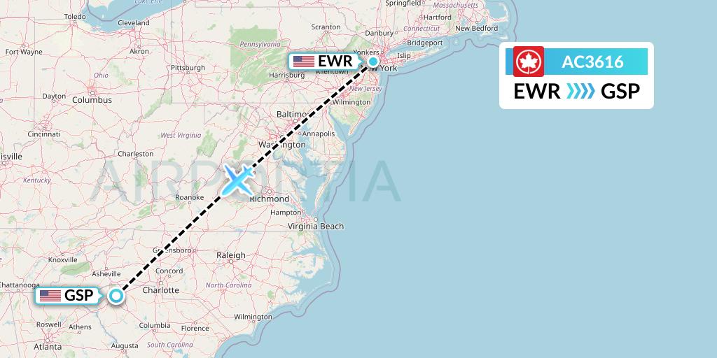 AC3616 Air Canada Flight Map: New York to Greenville-Spartanburg