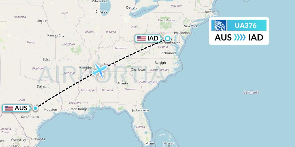 UA376 United Airlines Flight Map: Austin to Washington