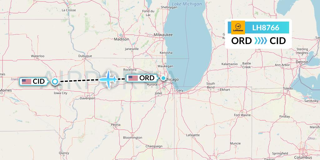 LH8766 Lufthansa Flight Map: Chicago to Cedar Rapids