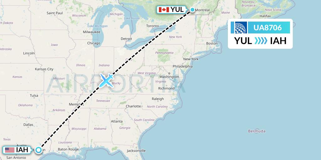 UA8706 United Airlines Flight Map: Montreal to Houston