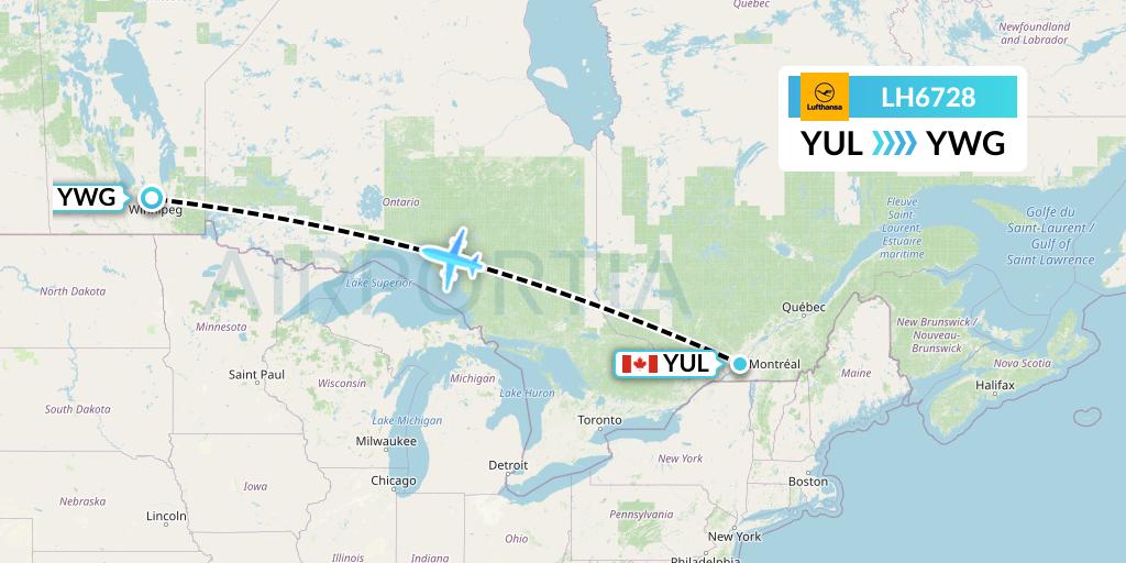 LH6728 Lufthansa Flight Map: Montreal to Winnipeg