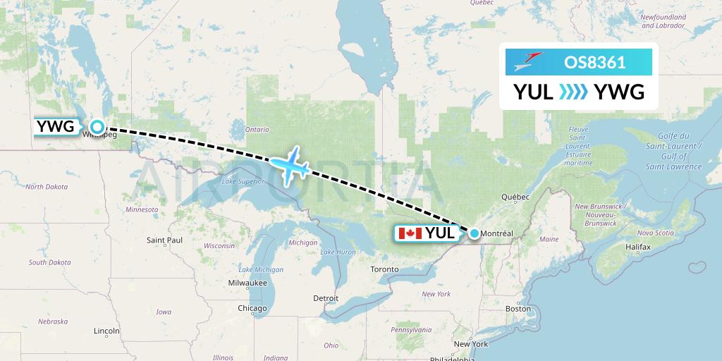 OS8361 Austrian Airlines Flight Map: Montreal to Winnipeg