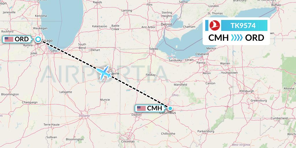 TK9574 Turkish Airlines Flight Map: Columbus to Chicago