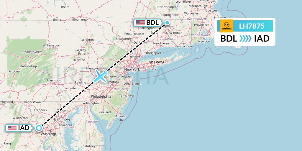 LH7875 Lufthansa Flight Map: Windsor Locks to Washington