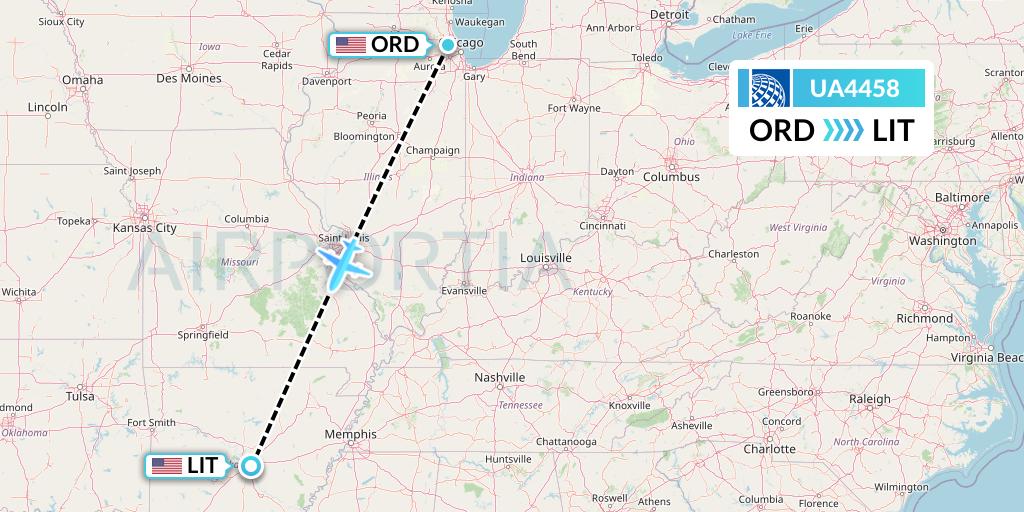 UA4458 United Airlines Flight Map: Chicago to Little Rock