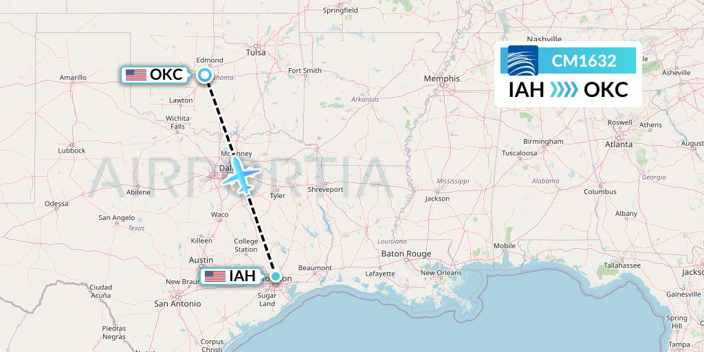 CM1632 Copa Airlines Flight Map: Houston to Oklahoma City