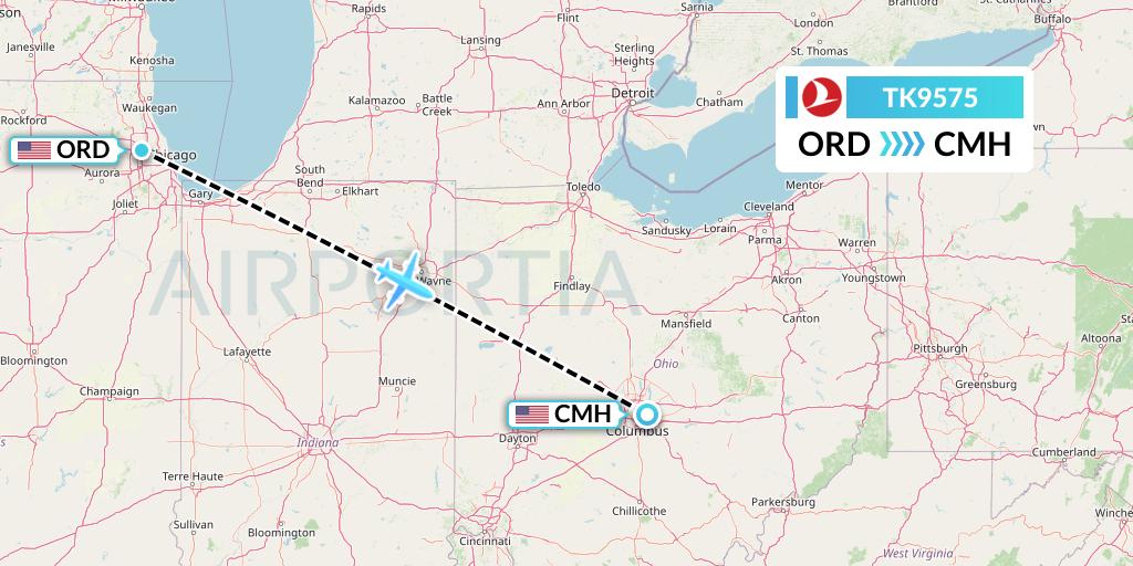 TK9575 Turkish Airlines Flight Map: Chicago to Columbus