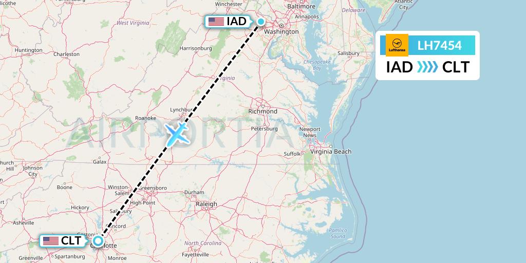 LH7454 Lufthansa Flight Map: Washington to Charlotte