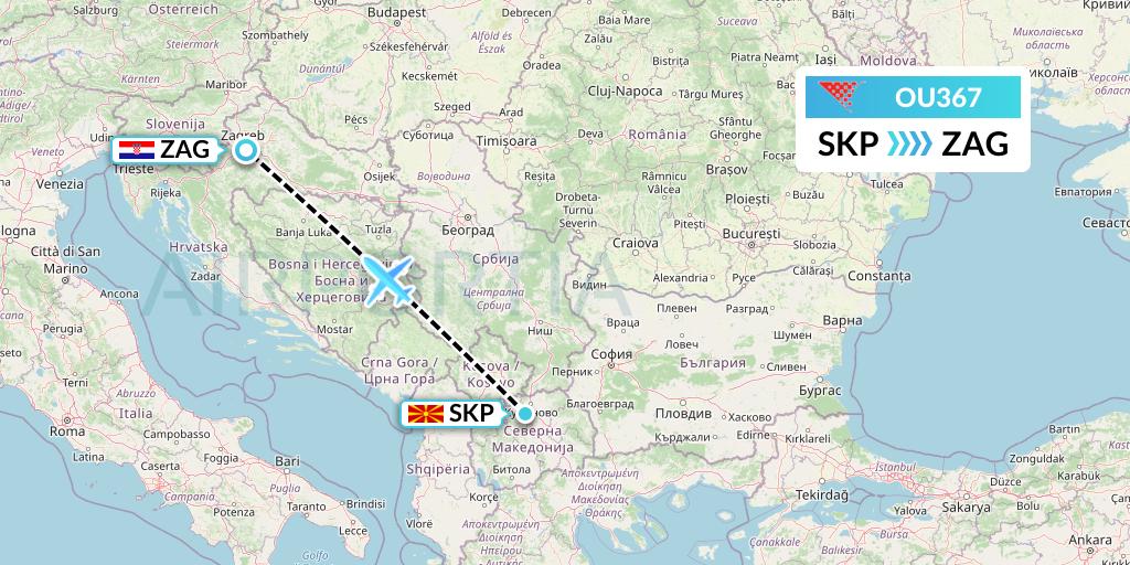OU367 Croatia Airlines Flight Map: Skopje to Zagreb