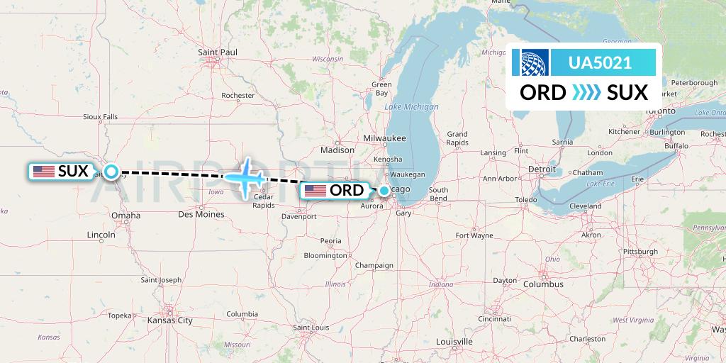 UA5021 United Airlines Flight Map: Chicago to Sioux City
