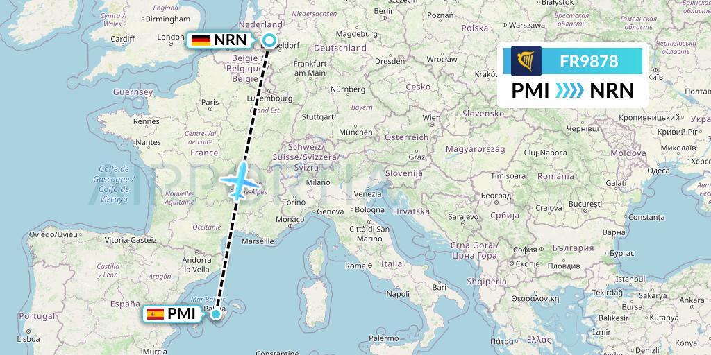 FR9878 Ryanair Flight Map: Palma de Mallorca to Weeze