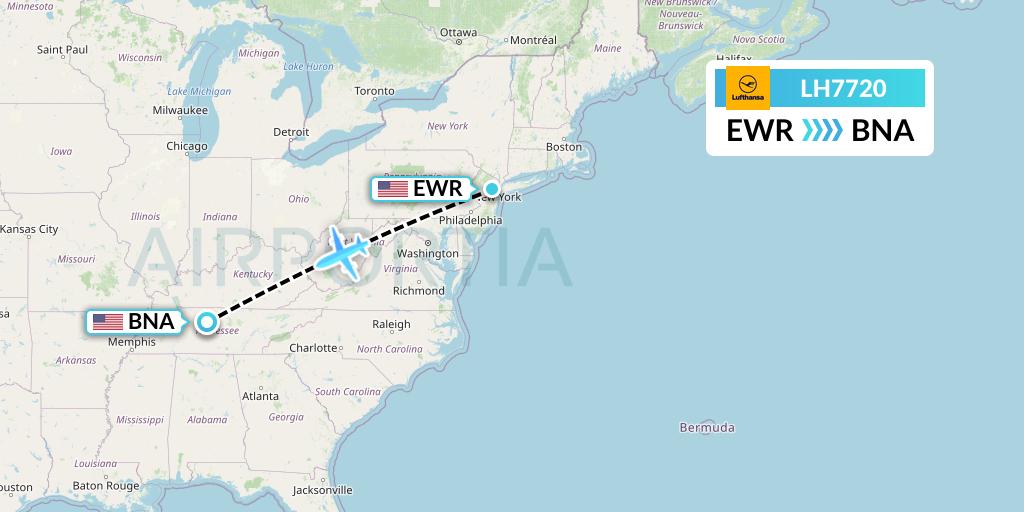 LH7720 Lufthansa Flight Map: New York to Nashville
