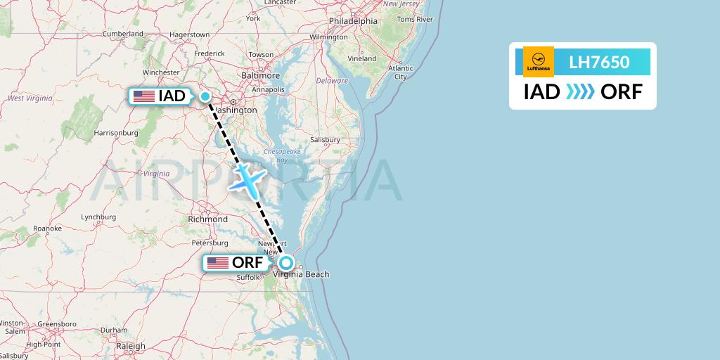 LH7650 Lufthansa Flight Map: Washington to Norfolk